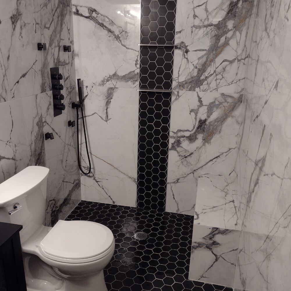 West Chester — Hex Marble Shower · Black Accents